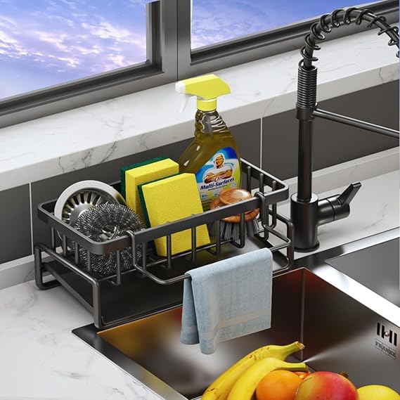 Kitchen Sink Sponge Holder – Over Faucet Stainless Steel Caddy for Soap, Brushes & Scrubbers